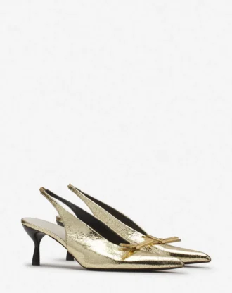 Lanvin Bow Slingback Pumps aus geknittertem Metallic-Leder Lanvin Bow Slingback Pumps aus geknittertem Metallic-Leder