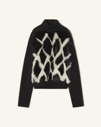 Rollkragenpullover aus Wolle und Leder mit Intarsien