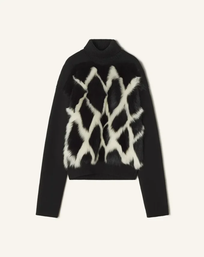 Rollkragenpullover aus Wolle und Leder mit Intarsien